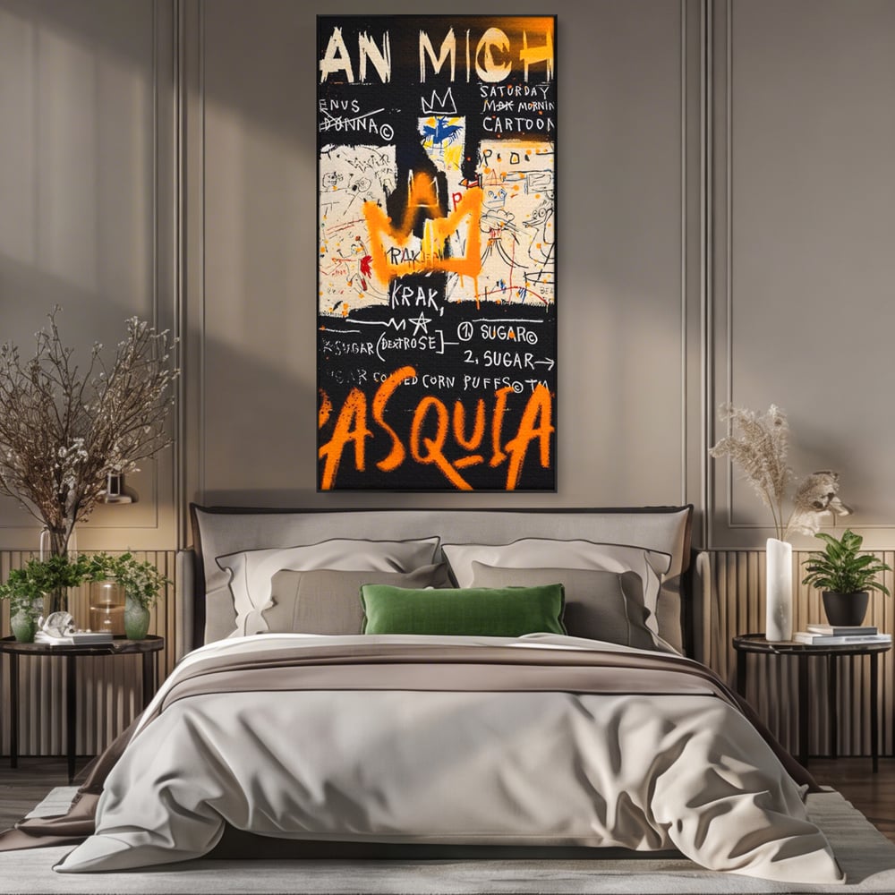 Tablou canvas cu tablou canvas cu arta graffiti jean-michel basquiat, in rama de aluminiu negru, pe perete intr-un dormitor